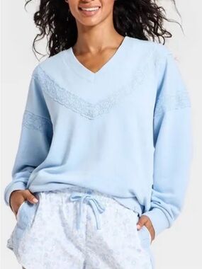 JoyLab Light Blue V-Neck Lace-Trim Sweater